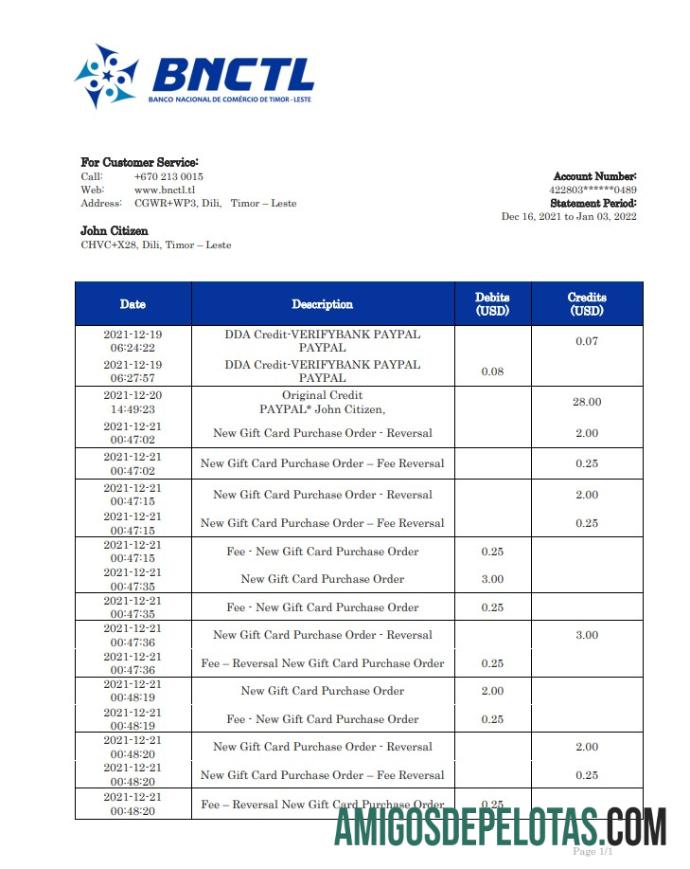 Timor Leste BNCTL modelo de extrato bancário